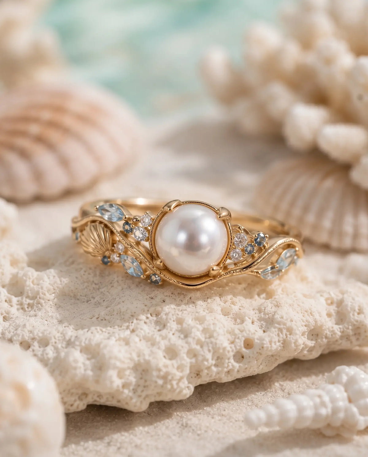 Openwork detail of June birthstone Akoya pearl ring with artistic ocean inspired styling