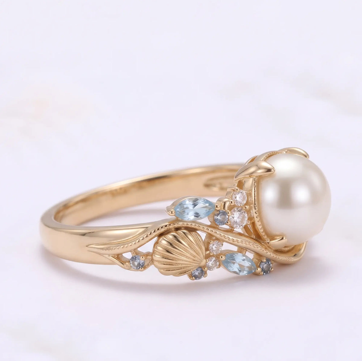 Close up of approximately 6.7 mm Akoya cultured saltwater pearl center stone
