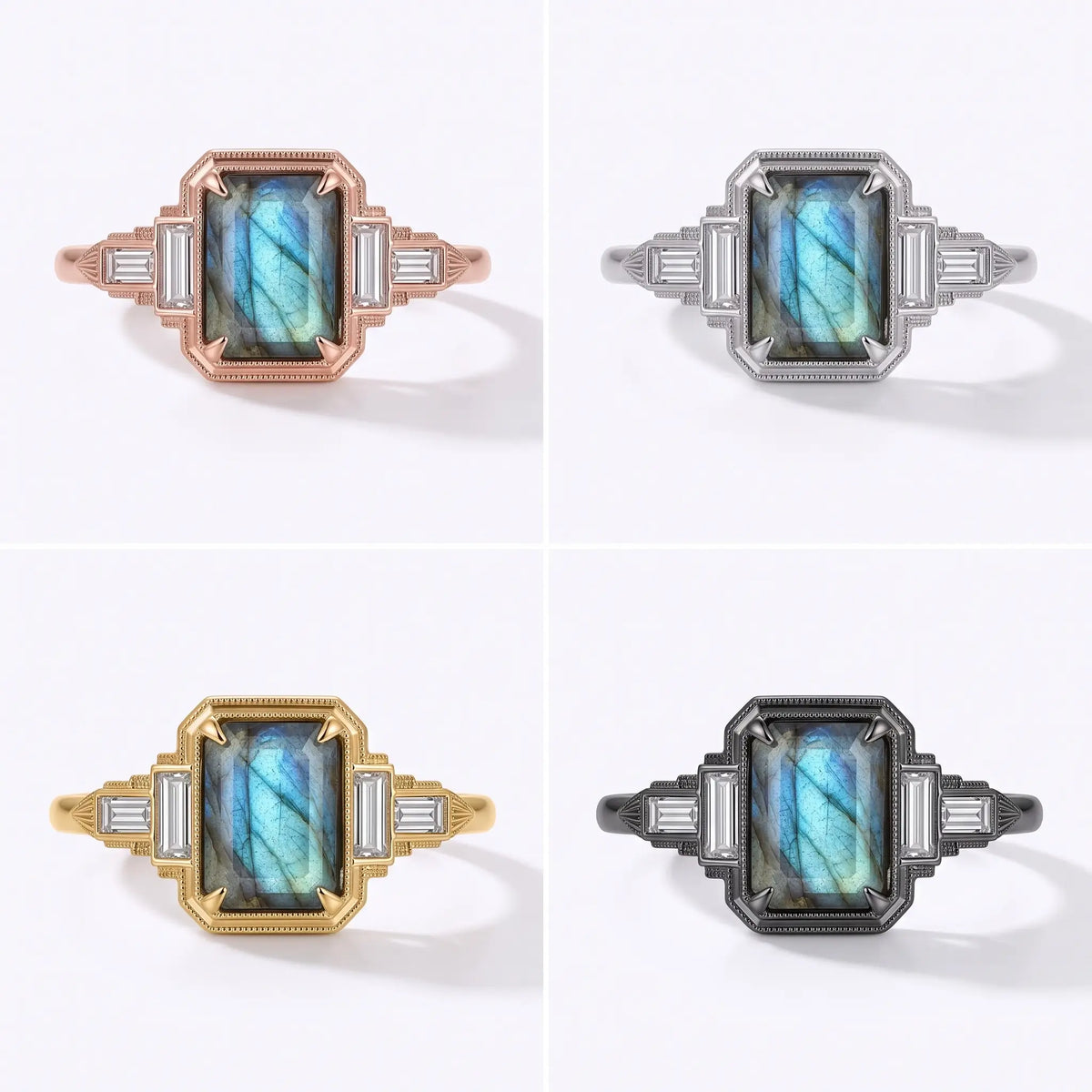 Vintage emerald cut labradorite engagement ring shown in yellow gold white gold rose gold and black gold finishes