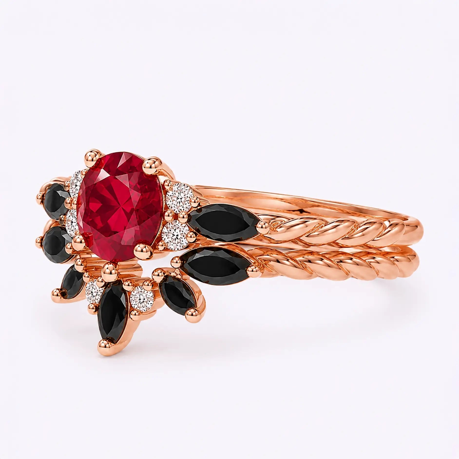Left view of round ruby bridal set with black onyx accents and half halo design