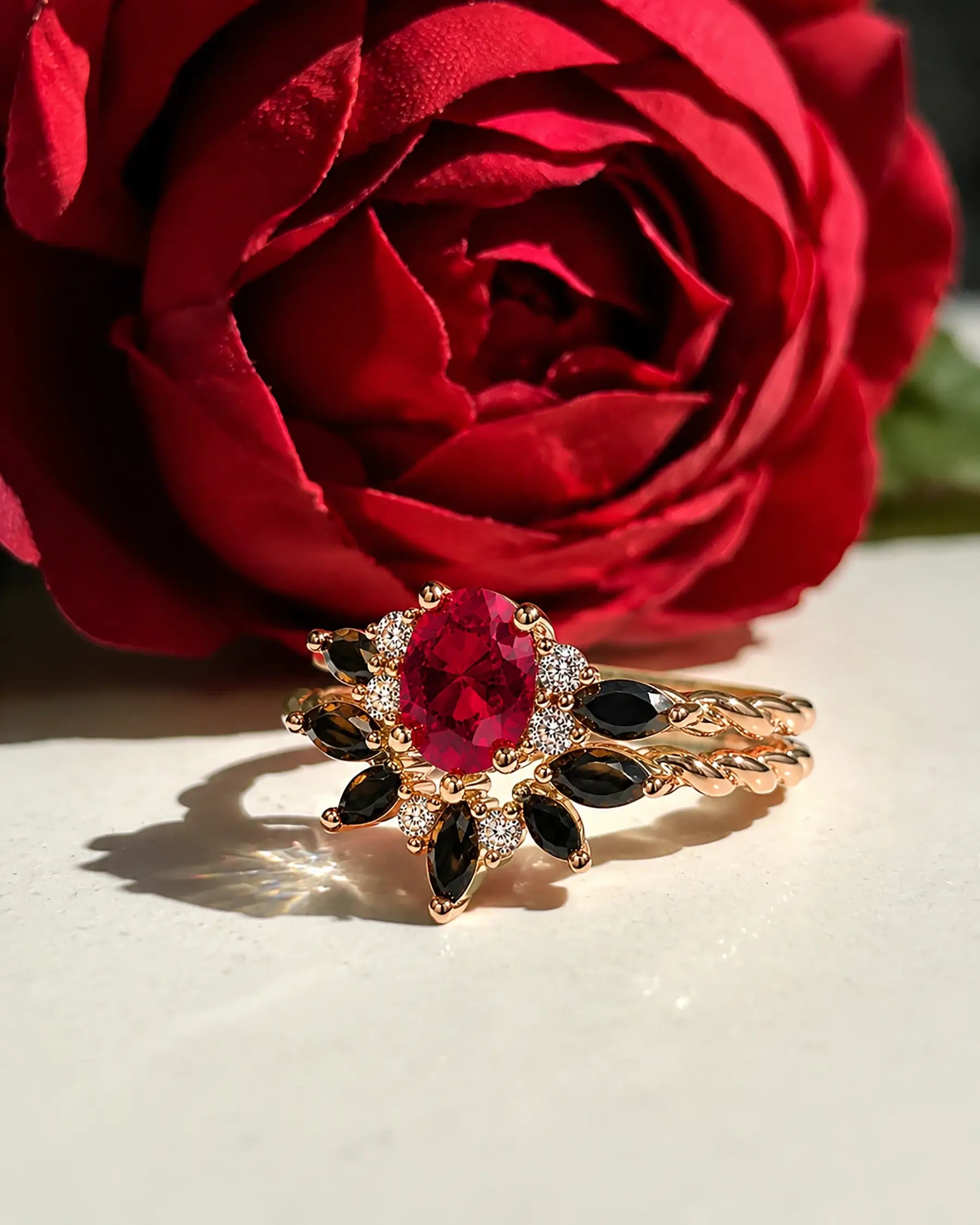 Single round ruby engagement ring with moissanite and black onyx half halo accents