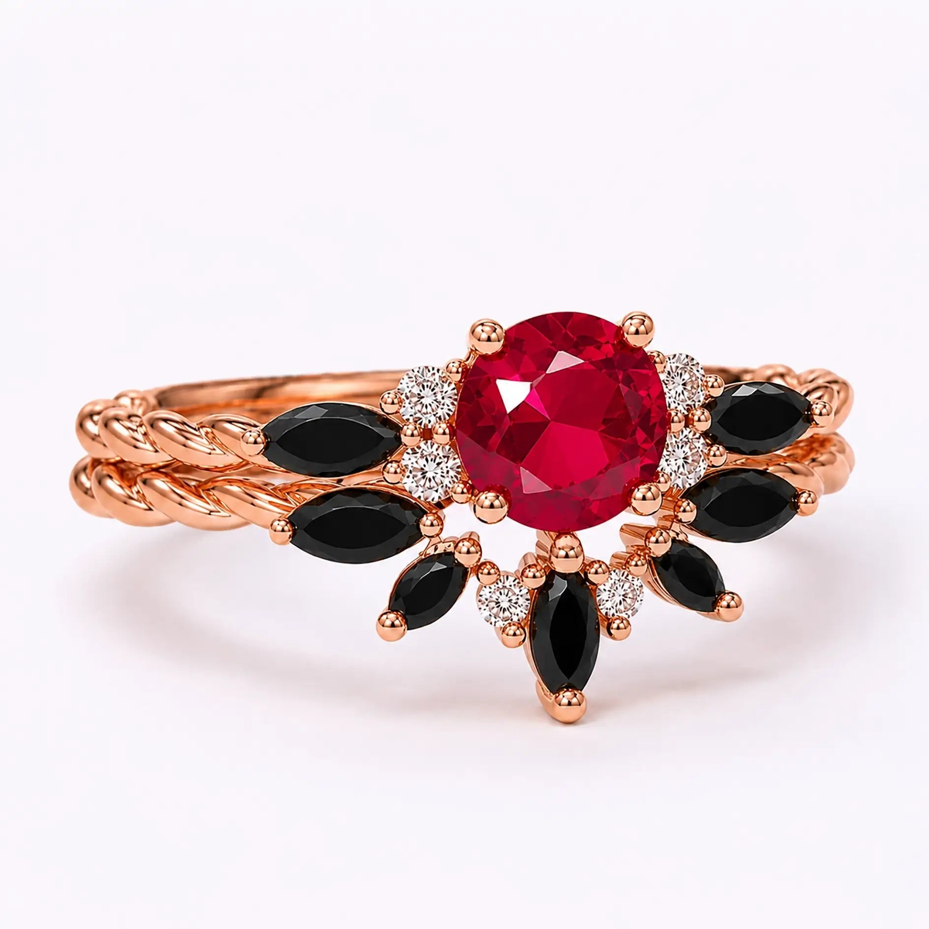 Side view of ruby engagement ring set showing twisted band structure and clustered stones