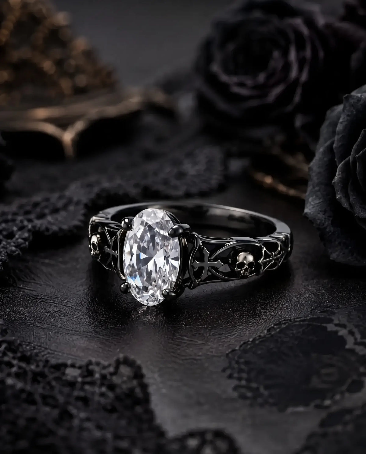 Noctivara black Gothic oval lab diamond engagement ring styled with dark romantic bridal accessories