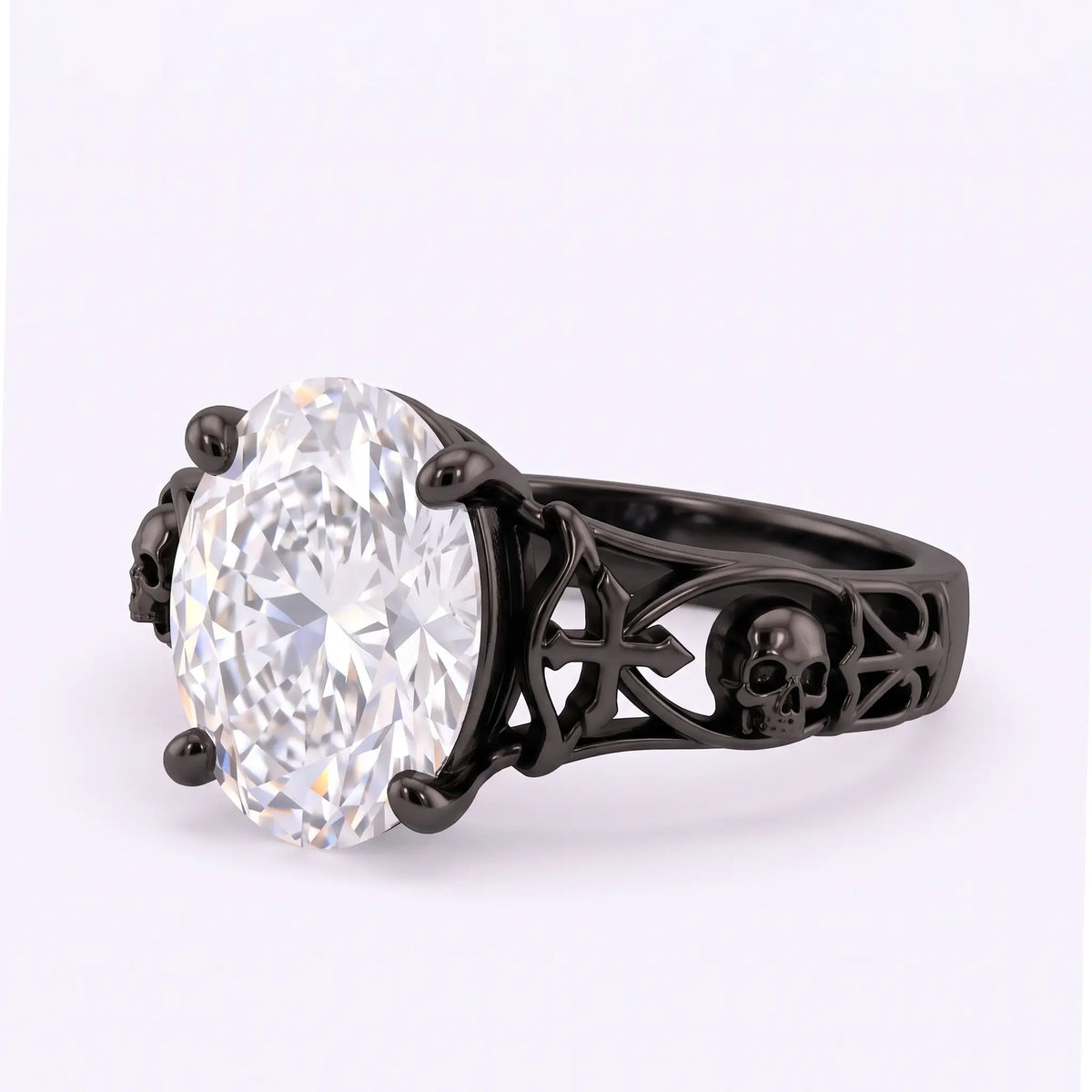 Angled side view of Noctivara Gothic oval lab diamond engagement ring with a black openwork band, sculpted skull and cross motifs