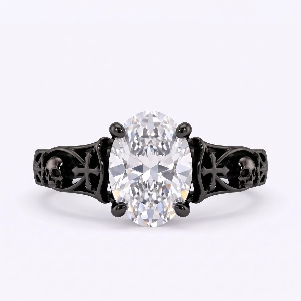 Front view of Noctivara 1.4ct oval lab grown diamond engagement ring with symmetrical Gothic skulls and crosses on a black band