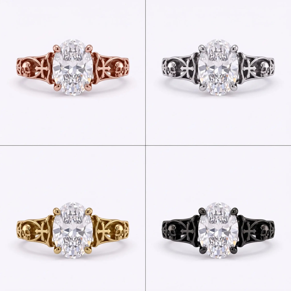 Close-up of black Gothic skull and cross motifs with intricate openwork details beside the oval lab grown diamond