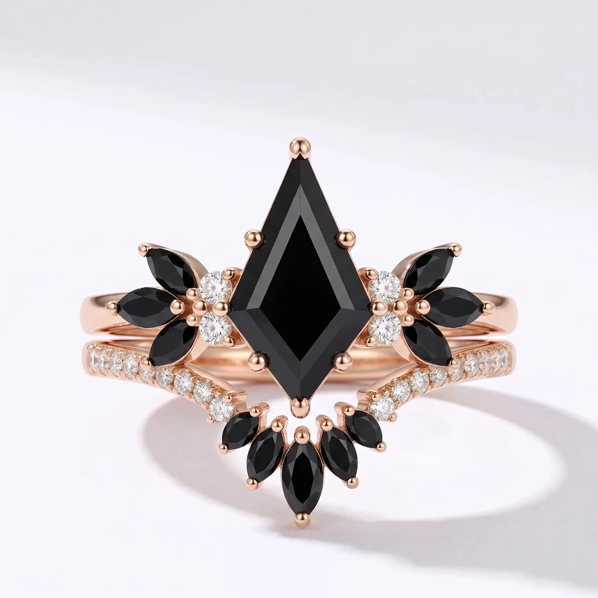 Kite cut black moissanite bridal ring set with gothic cluster accents in rose gold