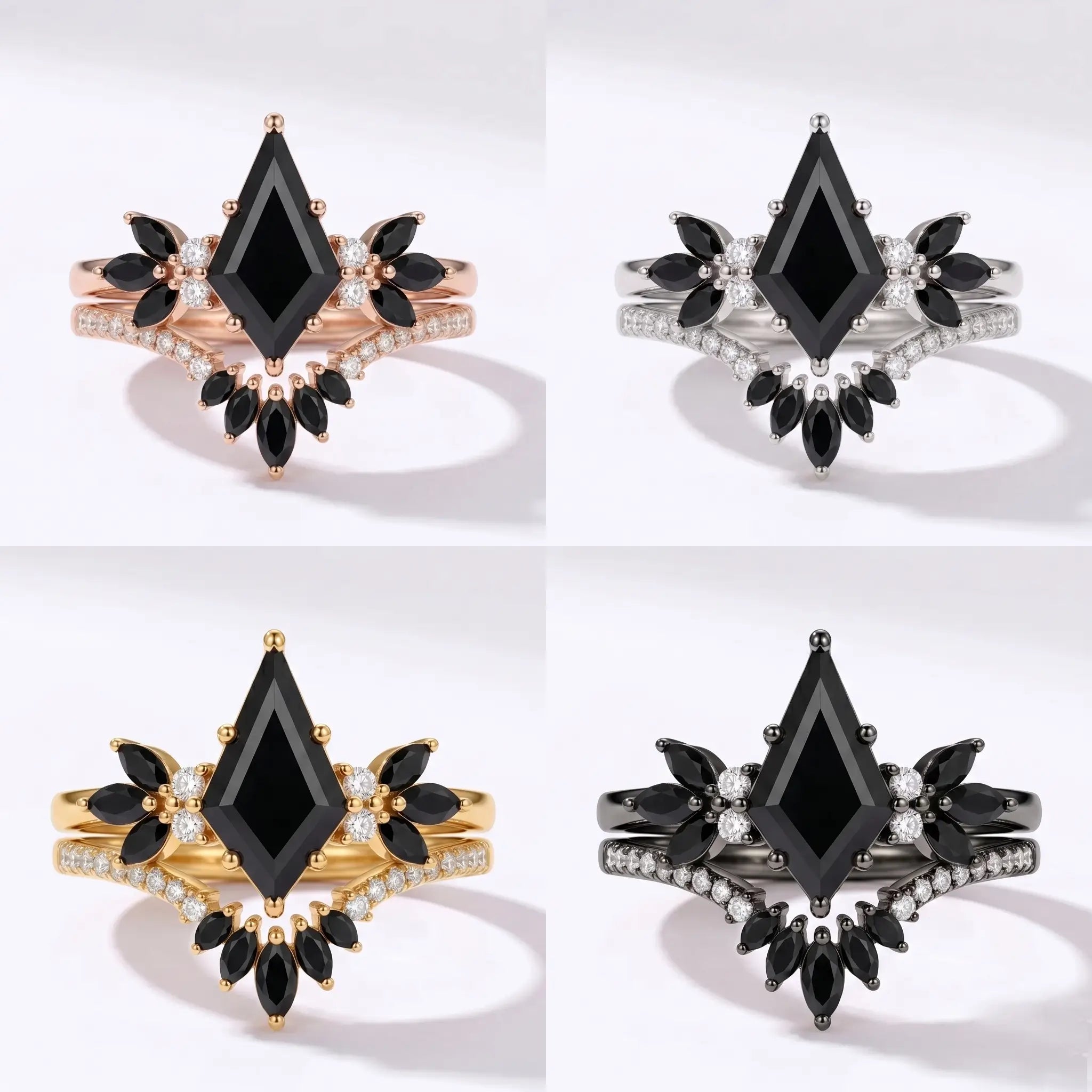 kite cut black moissanite engagement ring with gothic cluster accents 4 color