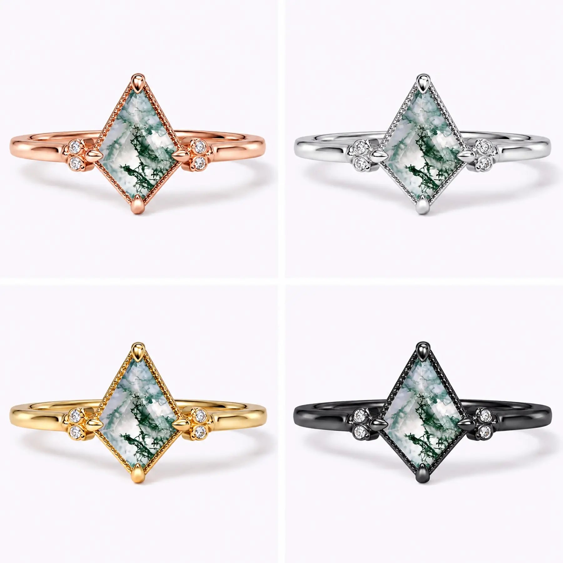 Kite moss agate owl engagement ring shown in black gold, white gold, rose gold, and yellow gold