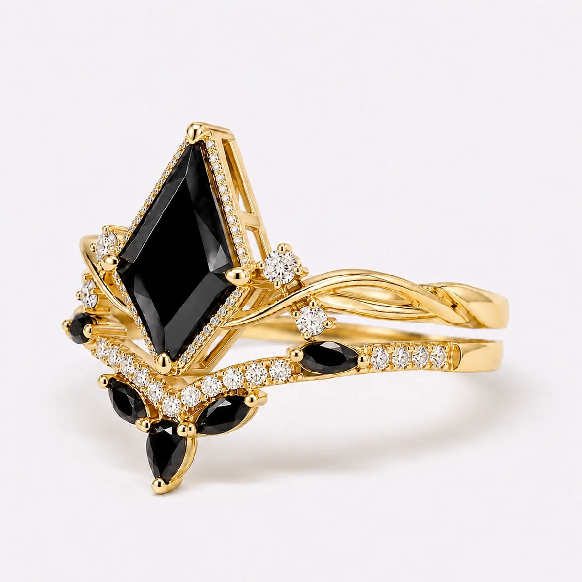 Left view of black onyx ring set with curved layered band and moissanite accents