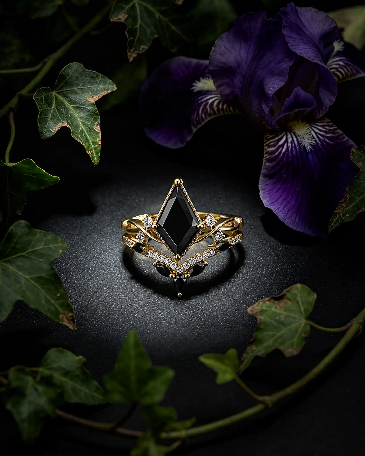 Modern black onyx engagement ring set styled in a refined luxury jewelry setting