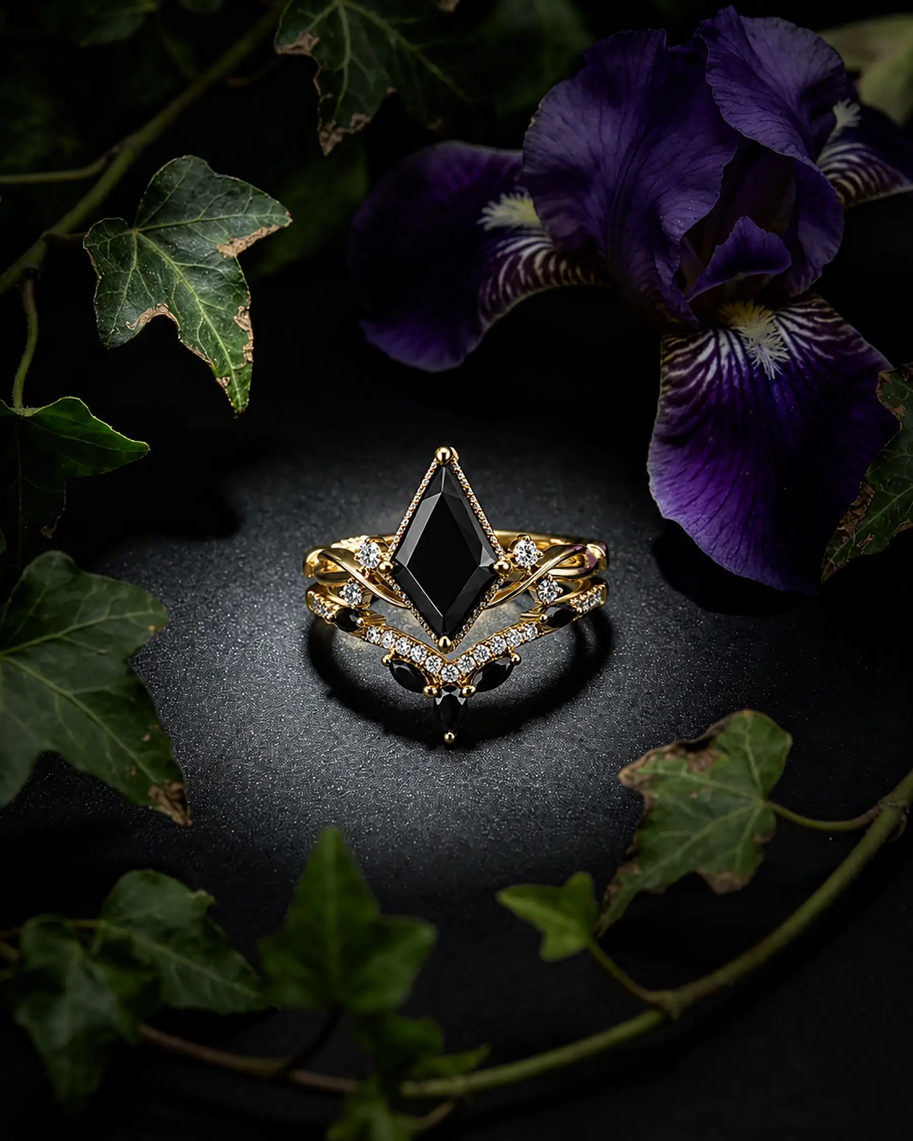 Modern black onyx engagement ring set styled in a refined luxury jewelry setting