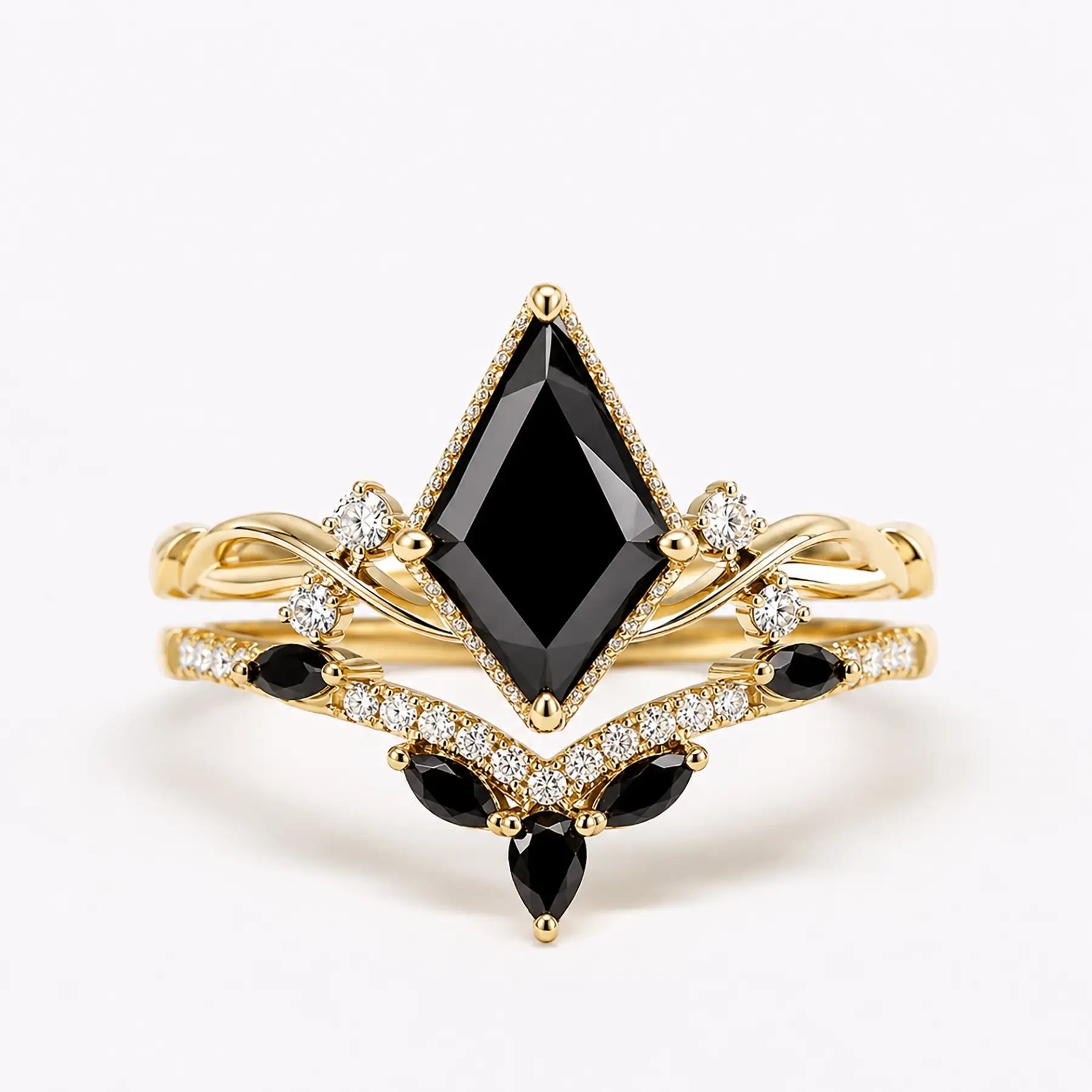 Modern kite cut black onyx engagement ring set with twisted band in yellow gold