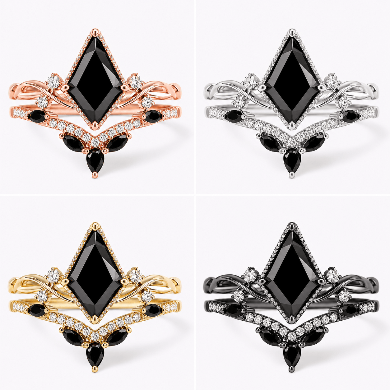 Black onyx engagement ring set shown in black gold, white gold, rose gold, and yellow gold