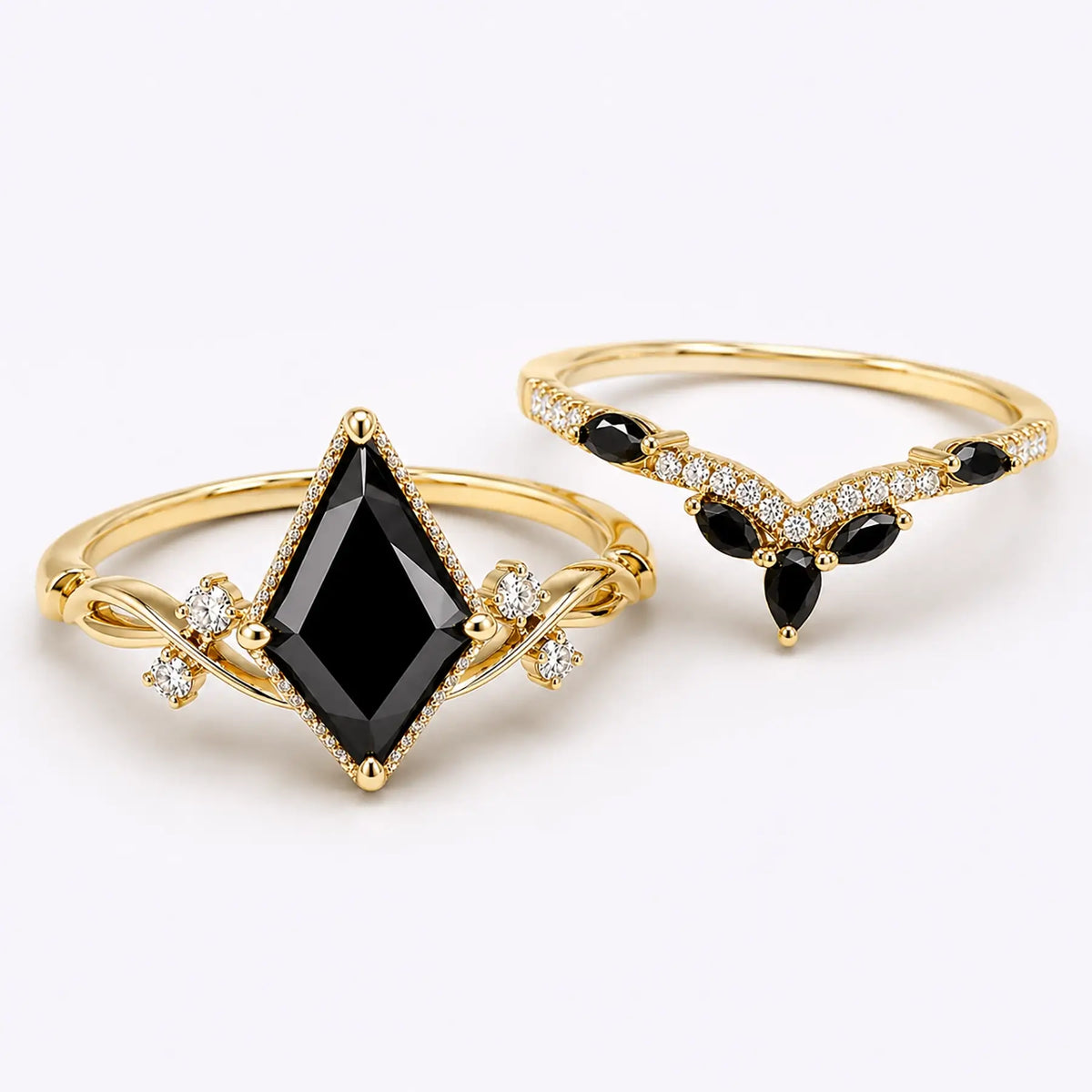 Black onyx engagement ring and matching twisted band displayed separately in one frame