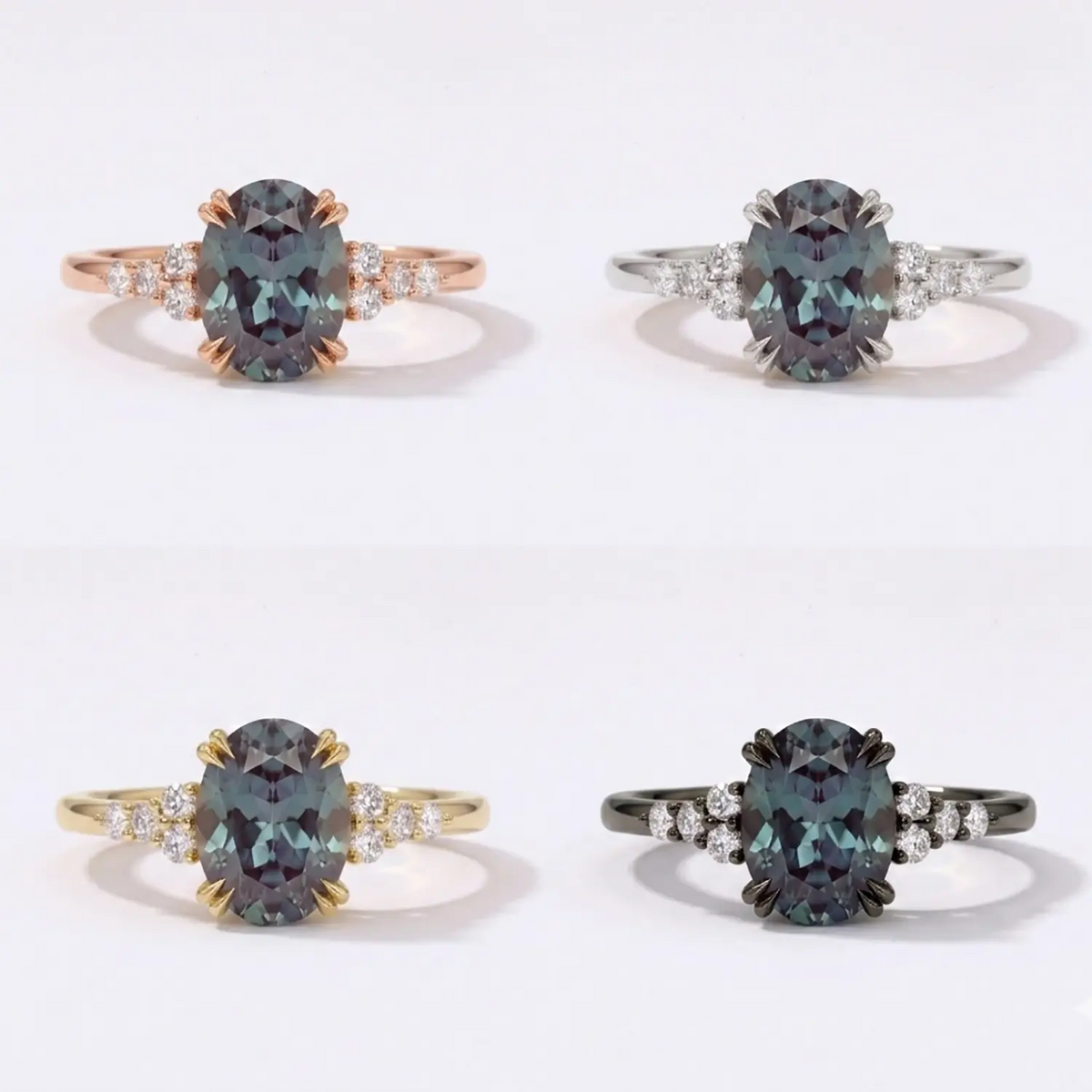 Studio matrix showcasing the Celeste oval alexandrite ring across solid yellow gold, rose gold, white gold, and black gold options