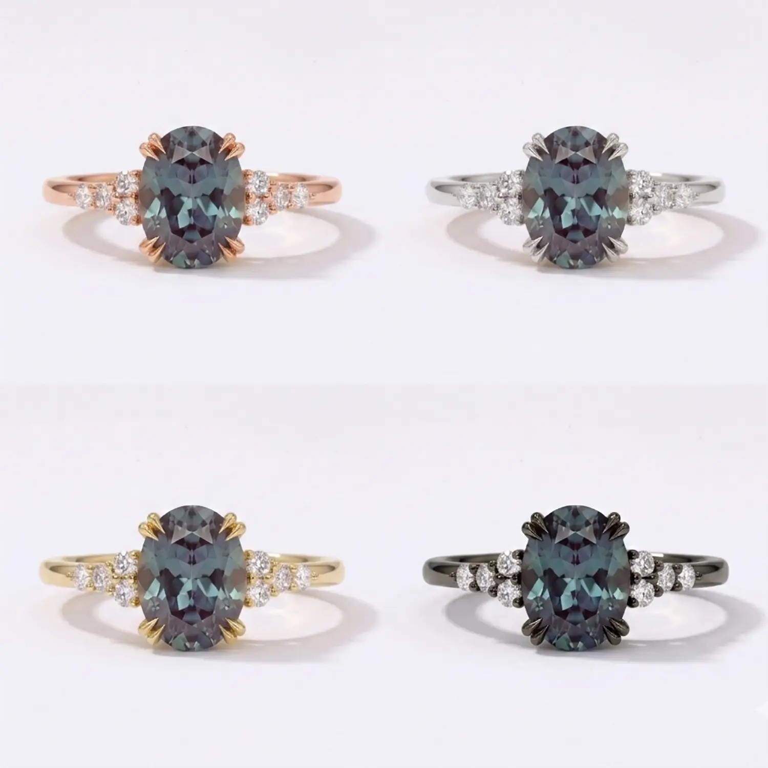 Studio matrix showcasing the Celeste oval alexandrite ring across solid yellow gold, rose gold, white gold, and black gold options