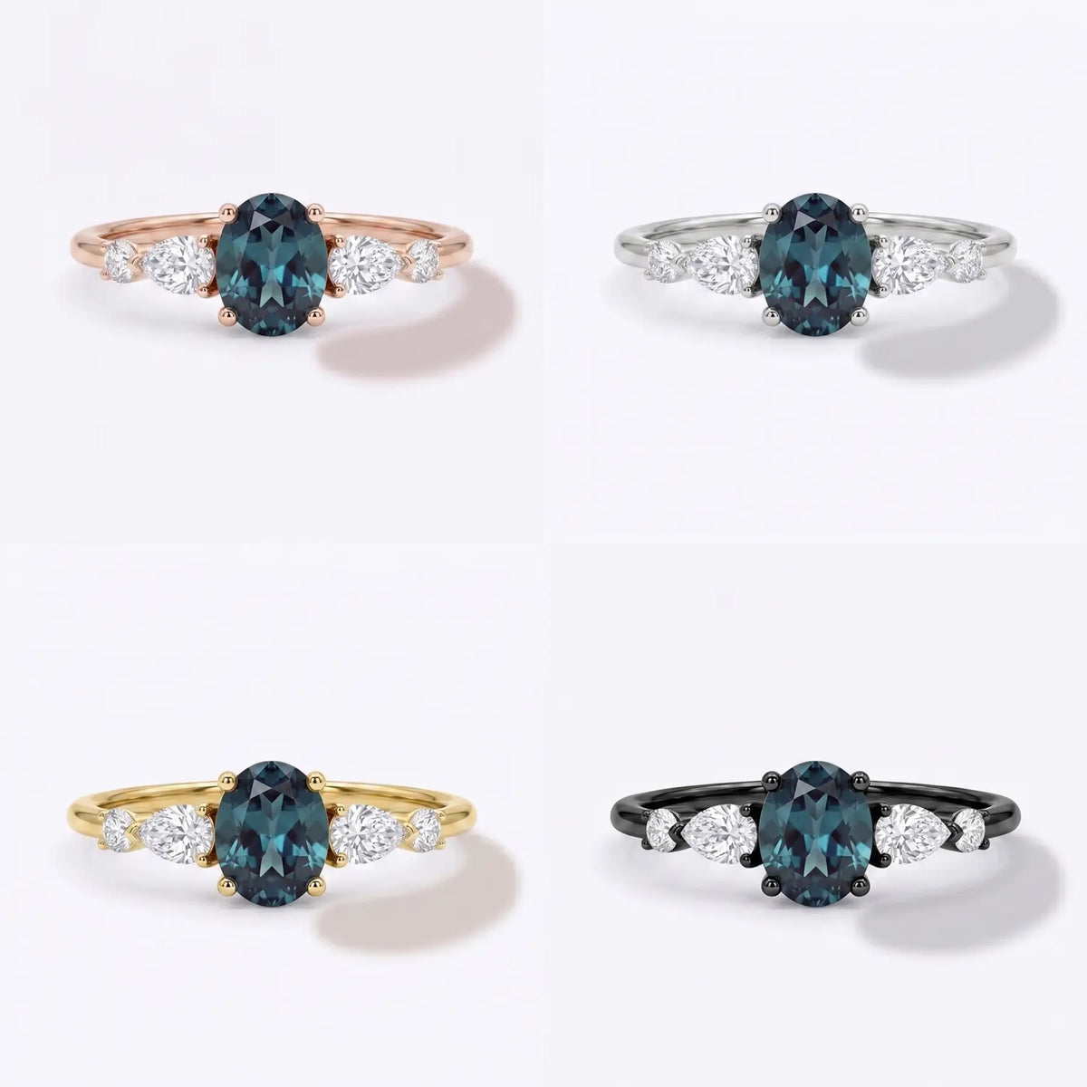 Studio matrix showcasing the five-stone oval alexandrite ring across rose gold, yellow gold, white gold, and black gold options