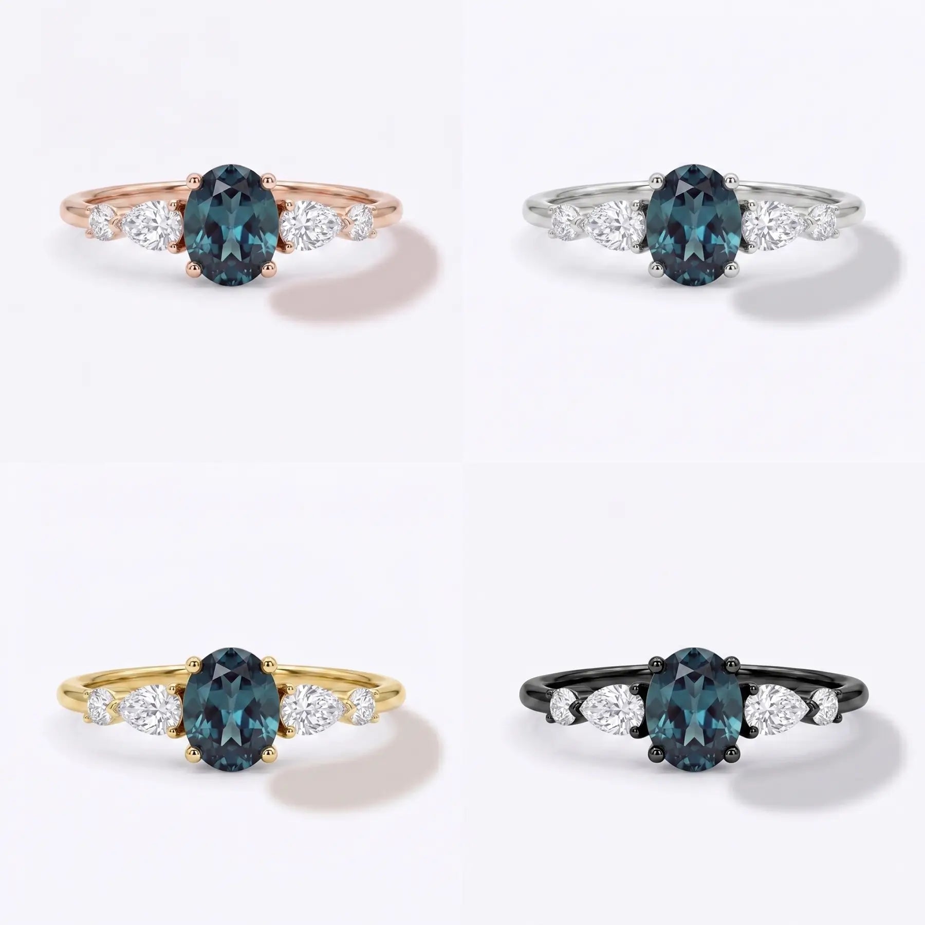 Studio matrix showcasing the five-stone oval alexandrite ring across rose gold, yellow gold, white gold, and black gold options