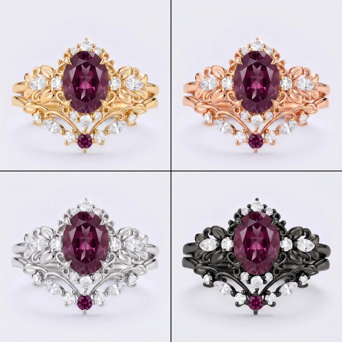 Studio product matrix showcasing the luxury Foliage oval alexandrite ring set across solid yellow gold, rose gold, white gold, and black gold options