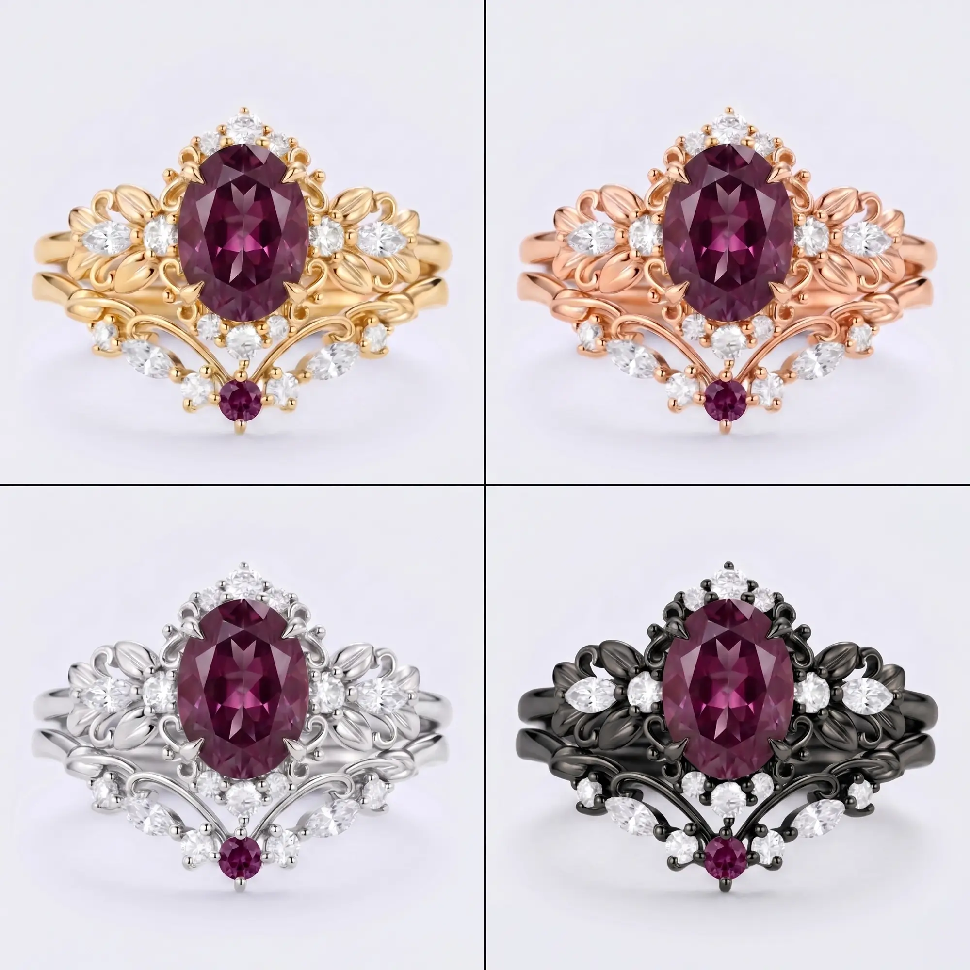 Studio product matrix showcasing the luxury Foliage oval alexandrite ring set across solid yellow gold, rose gold, white gold, and black gold options