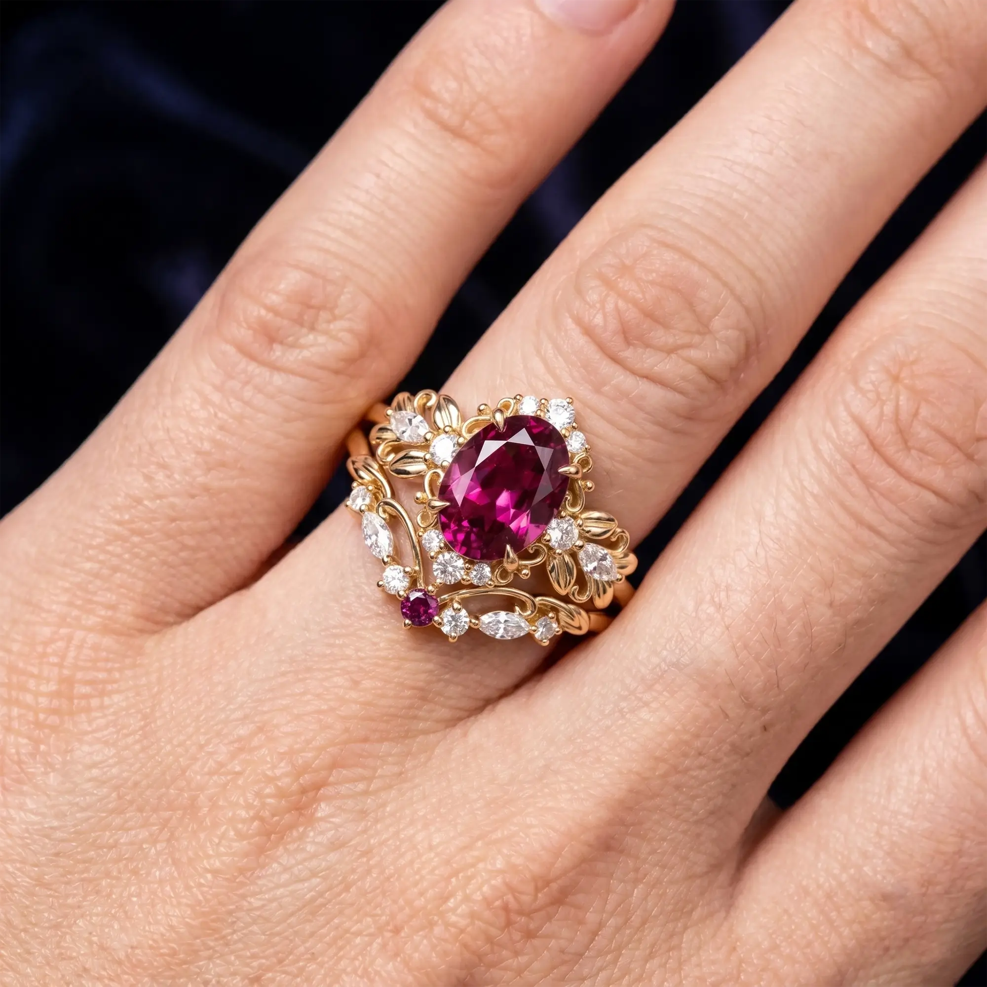 Luxury alternative bridal oval alexandrite botanical nesting ring set shown worn together on a woman's finger
