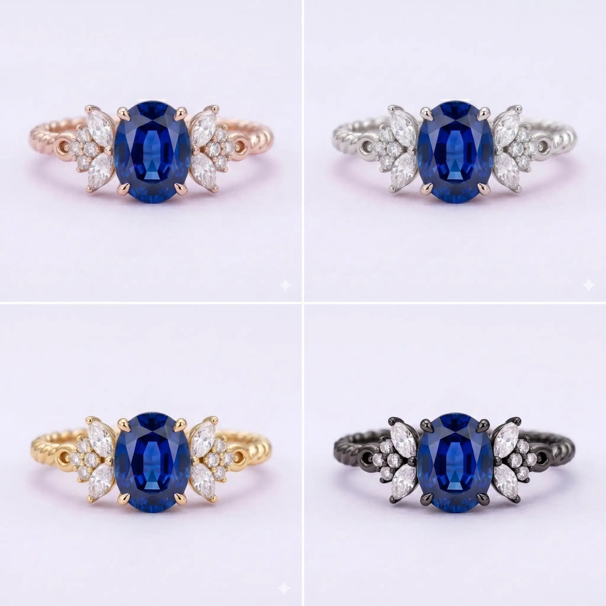 Macro close-up of a 6x8mm oval cut deep blue sapphire with high-shine prong setting