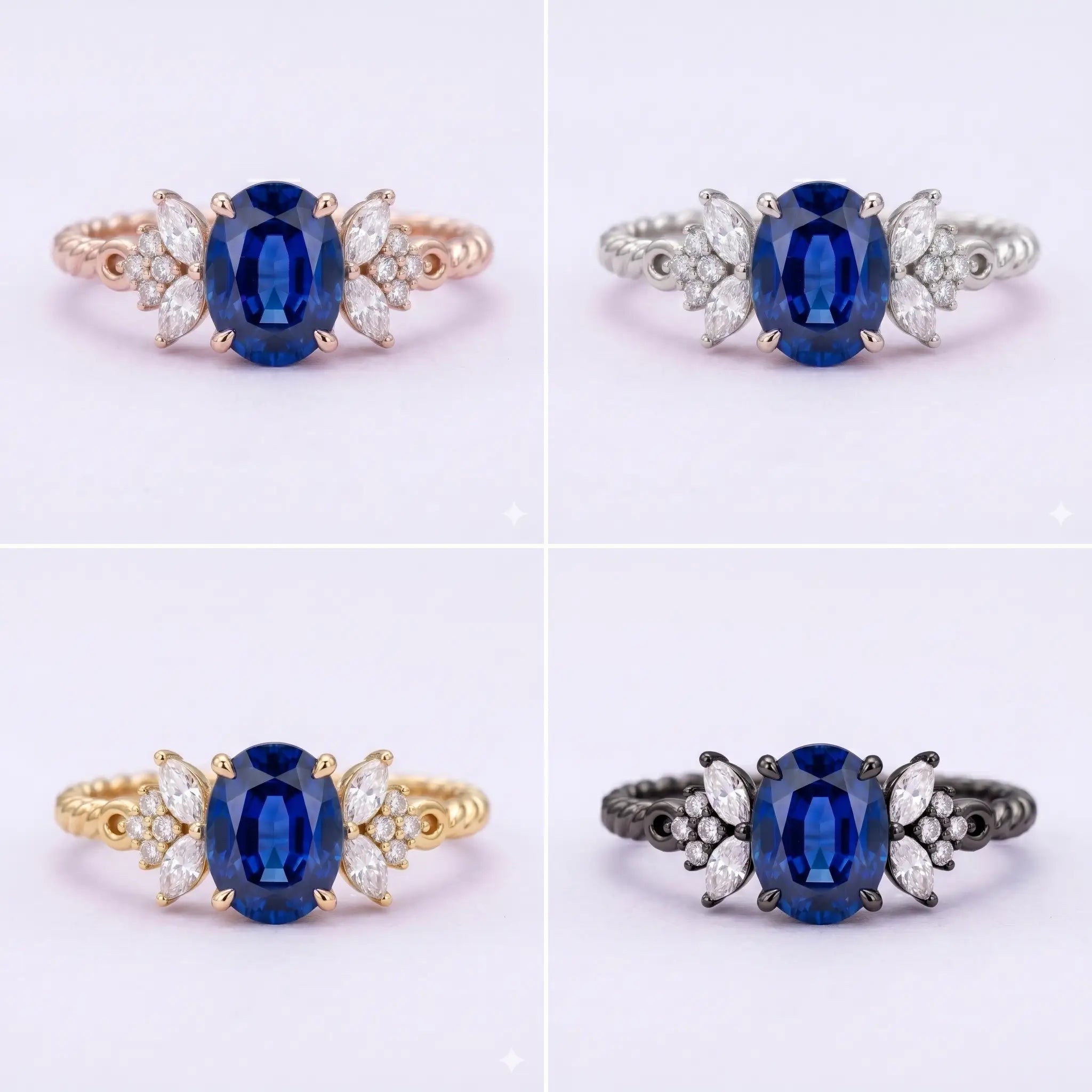 Macro close-up of a 6x8mm oval cut deep blue sapphire with high-shine prong setting