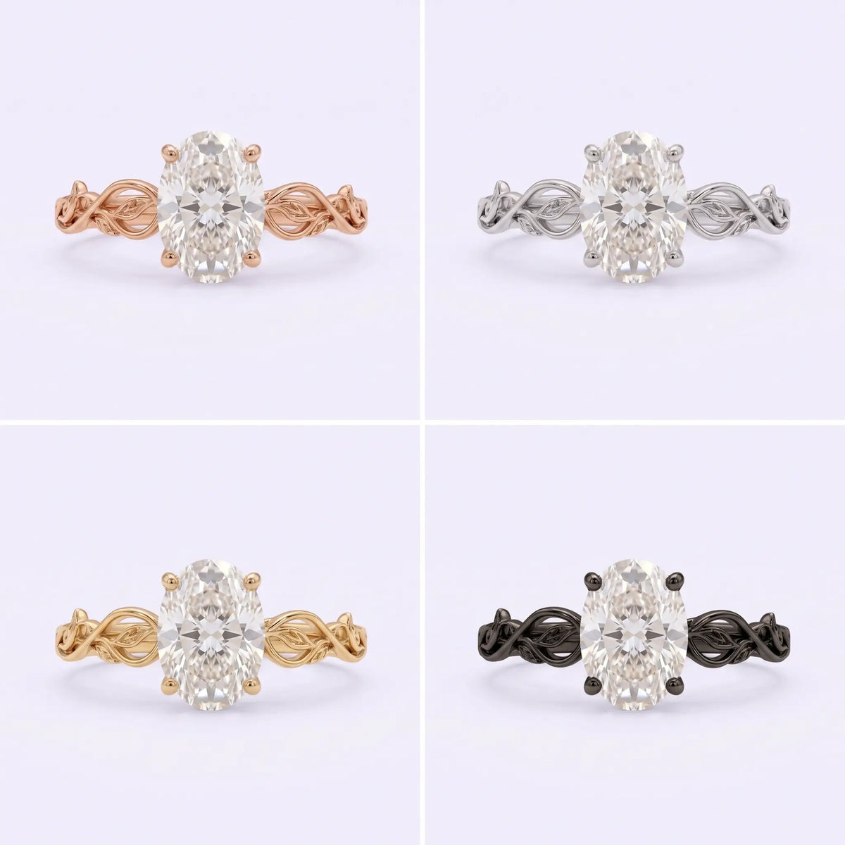Oval lab-grown diamond solitaire with an openwork leaf-and-vine inspired band.