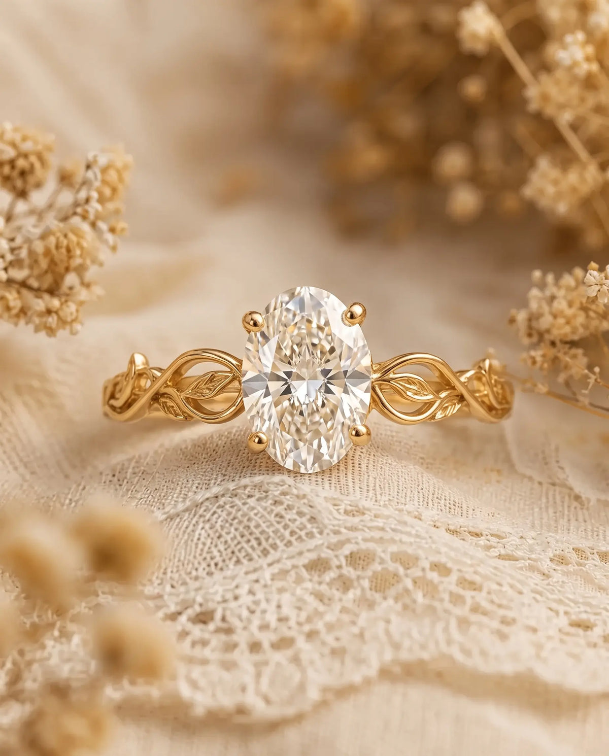 A luminous oval lab-grown diamond framed by sculptural vines and delicate leaves.