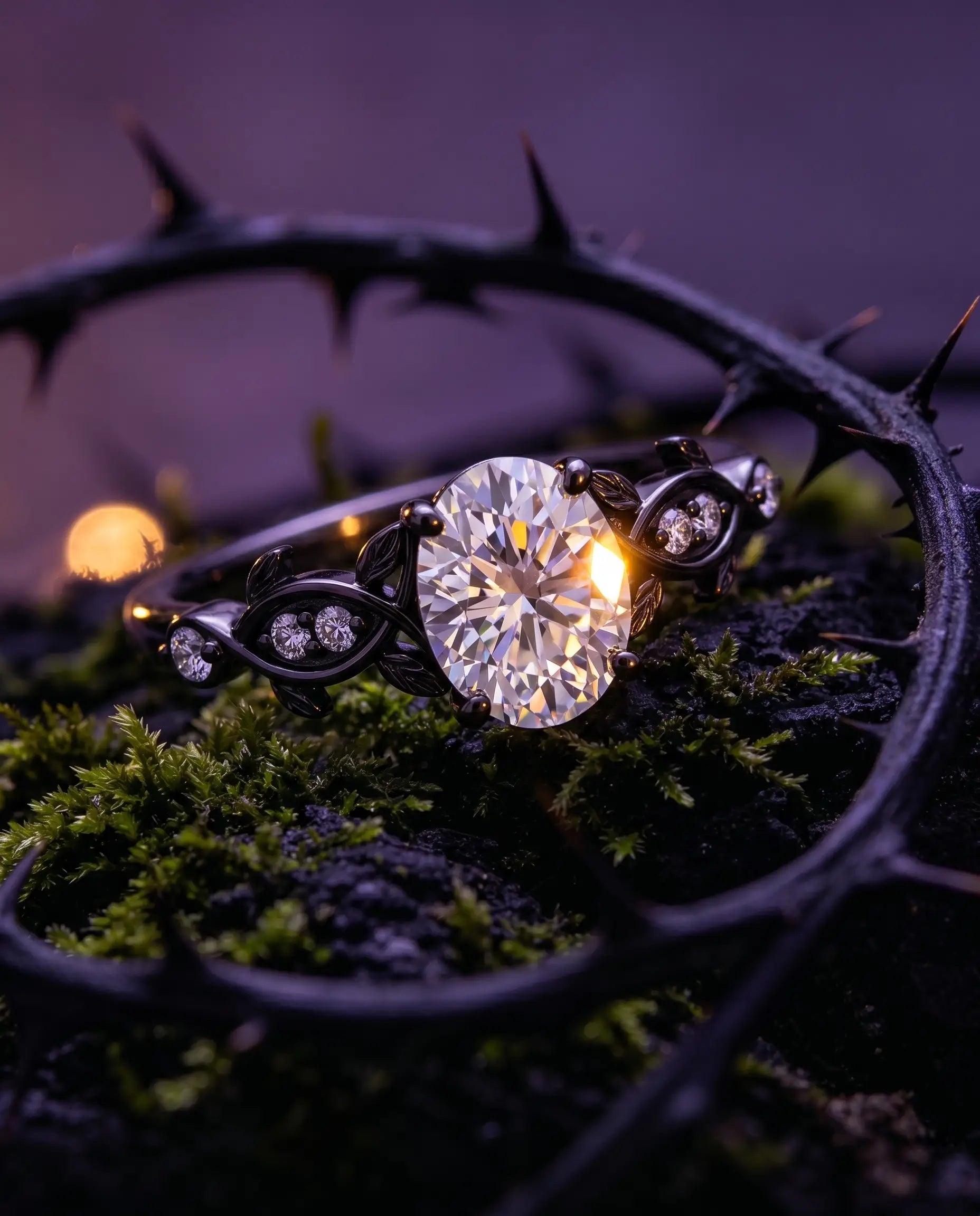 Luxury macro close-up of oval moissanite black gold vine bridal ring placed in an ethereal high-end dark setting