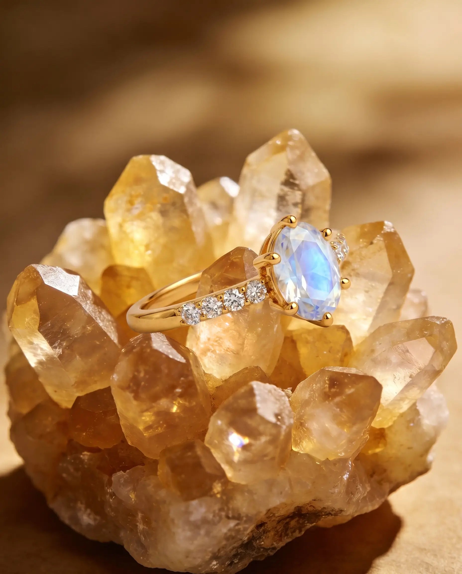Luxury macro close-up of oval moonstone pavé band bridal ring placed in an ethereal high-end setting