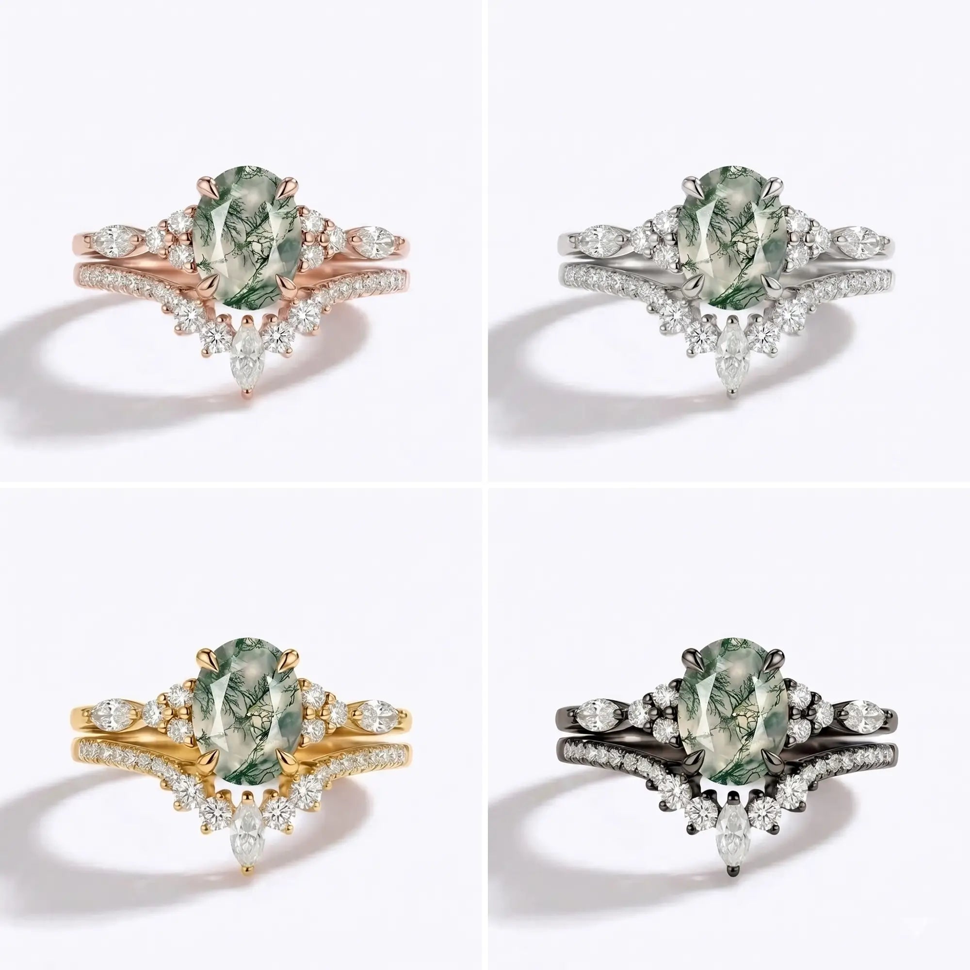 Luxury Moss Agate Oval Cluster Stacking Engagement Ring Set