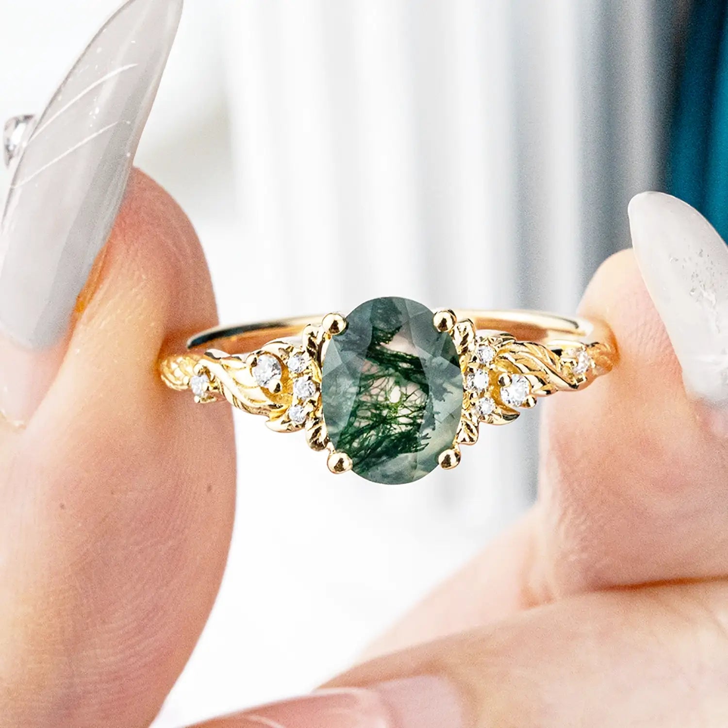 vintage moss agate and moissanite promise ring for women handcrafted gold band