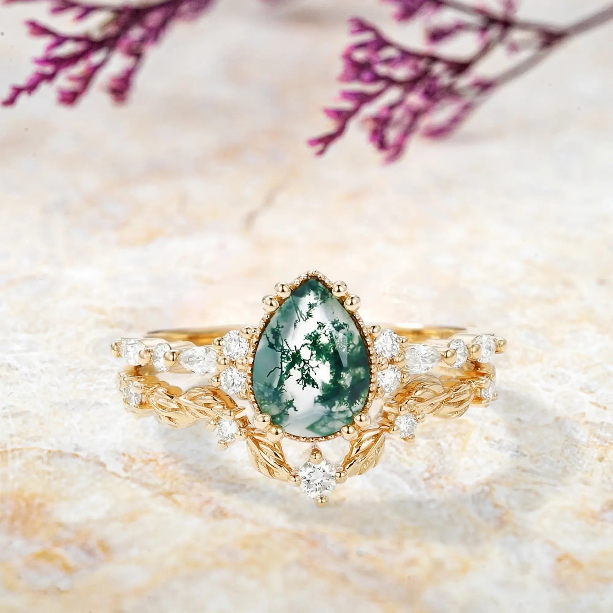 Pear shaped moss agate engagement ring set with leaf vine moissanite wedding band in solid gold