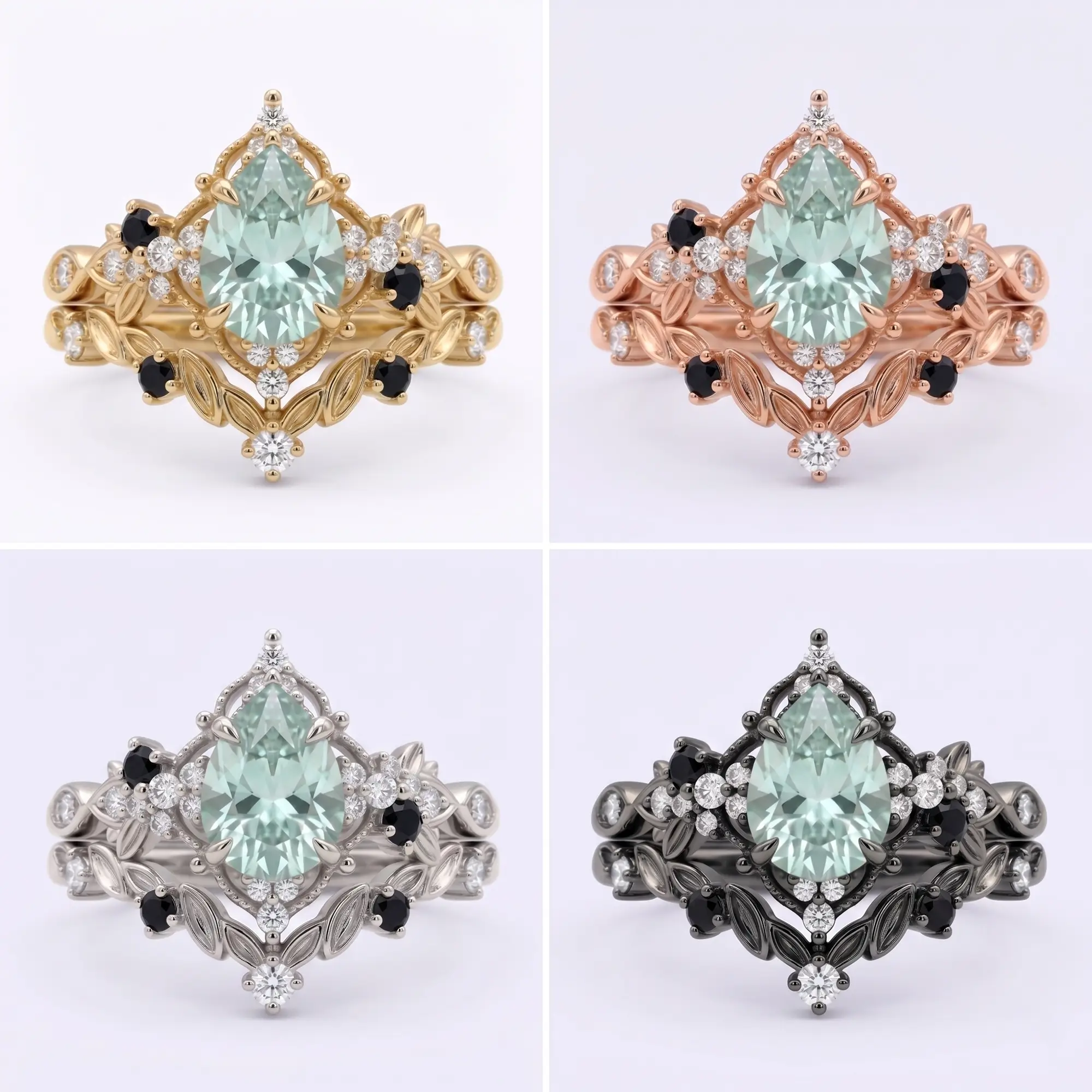 Studio product matrix displaying the Nocturne pear grey moissanite and black onyx leaf set across solid yellow gold, rose gold, white gold, and black gold variants
