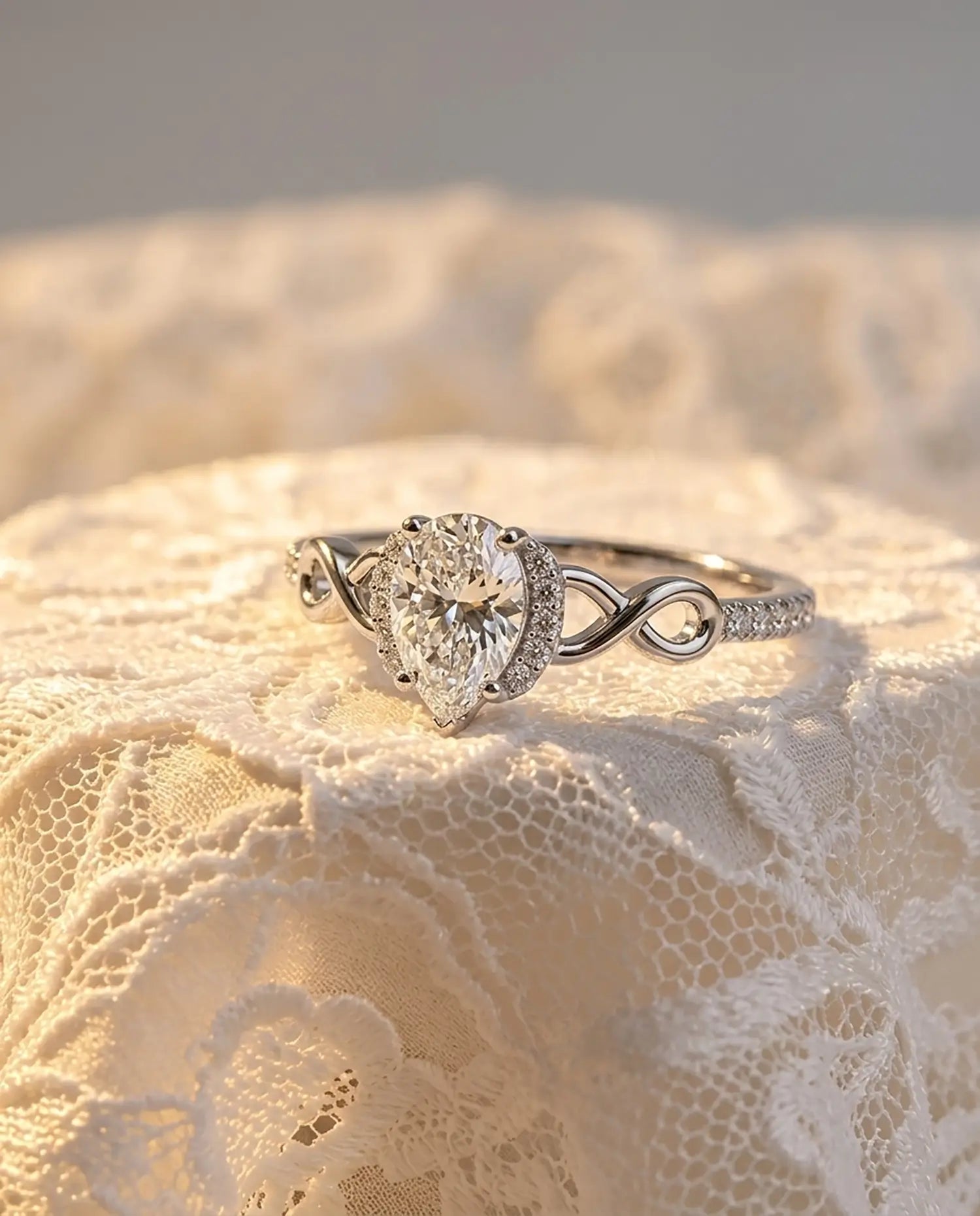 Luxury macro close-up of pear moissanite infinity halo bridal ring placed in an ethereal high-end setting