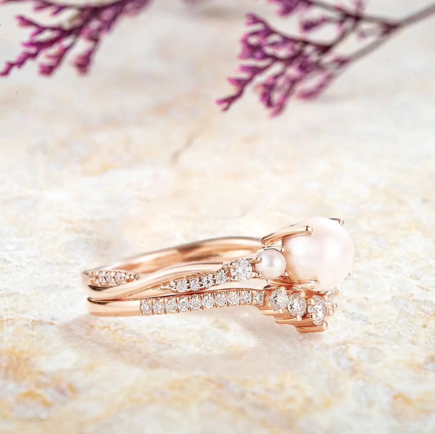 Side view of Akoya pearl engagement ring with moissanite accents