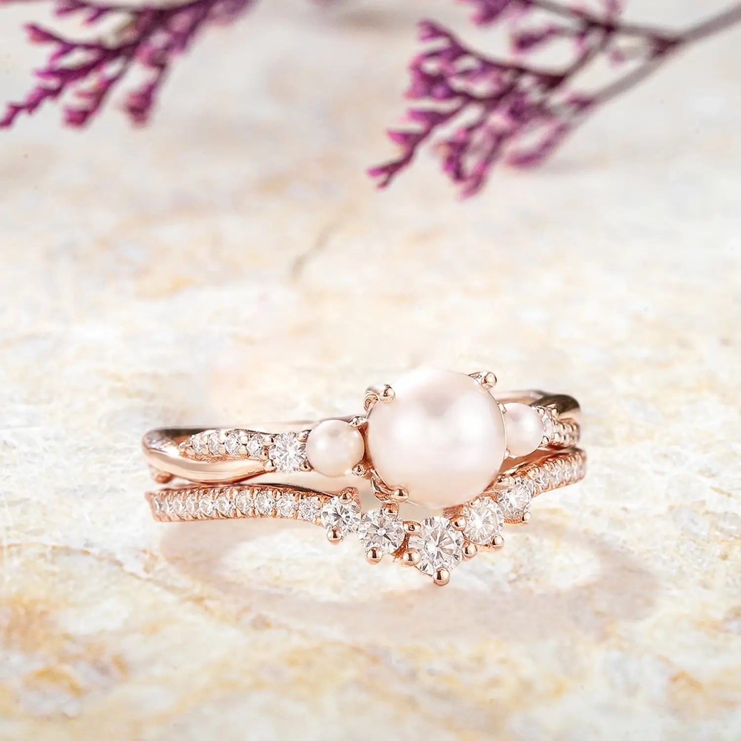 Side view of Akoya pearl engagement ring with moissanite accents