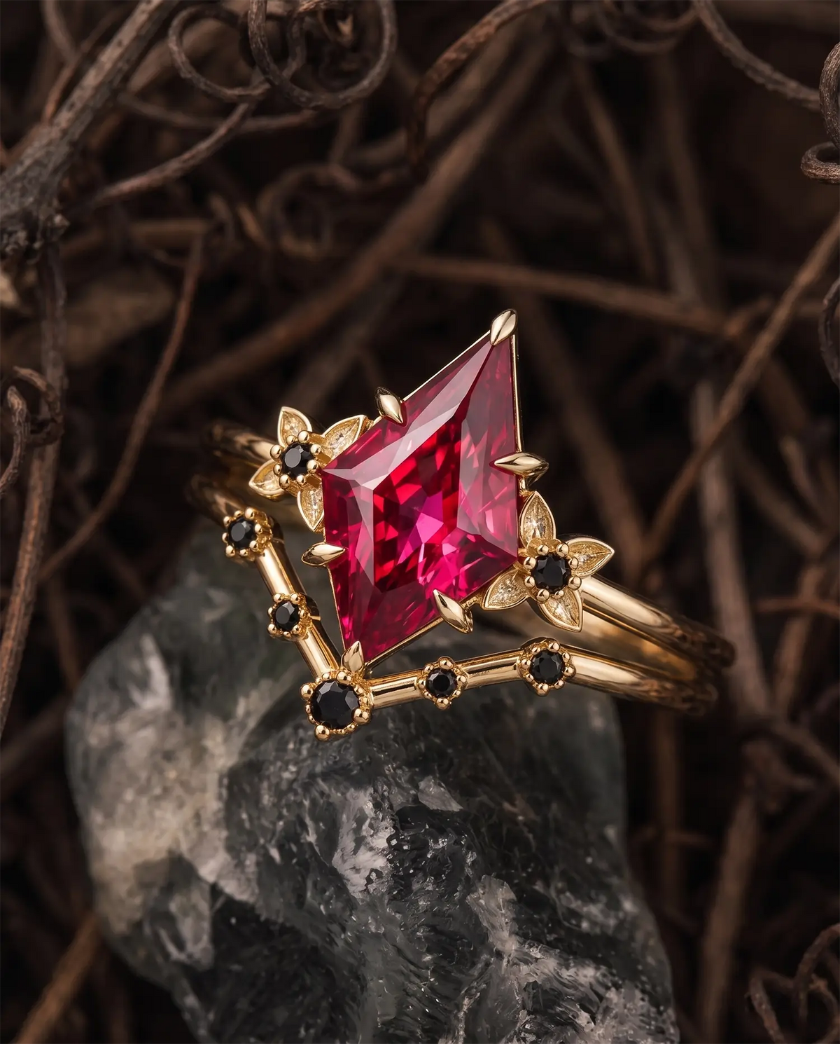 Nature-inspired ruby bridal ring set styled in an elegant jewelry scene