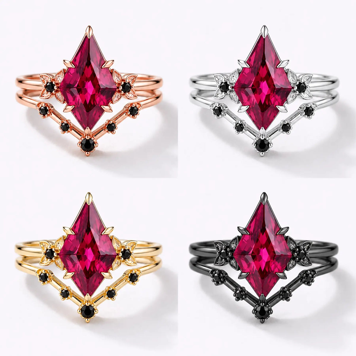 Ruby bridal ring set shown in black gold, white gold, rose gold, and yellow gold