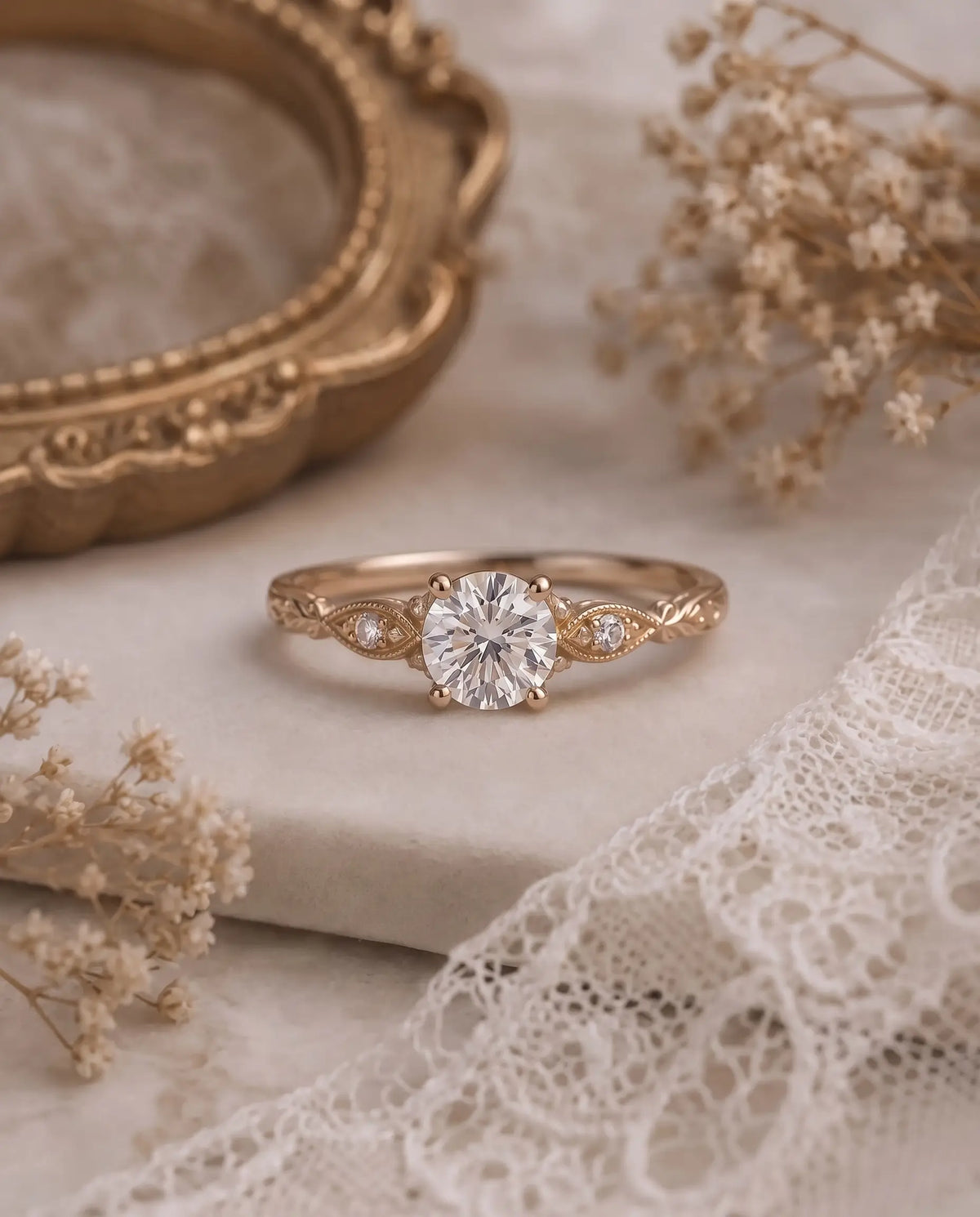 Vintage Round Moissanite Cluster Engagement Gold Ring – Rosavelle