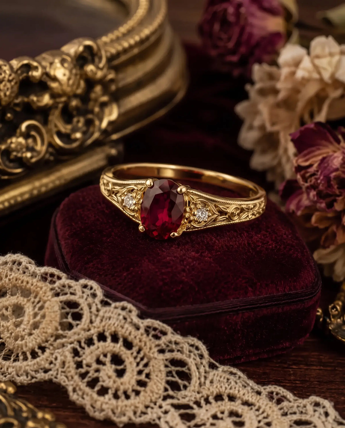 Side view of vintage ruby engagement ring with moissanite accents