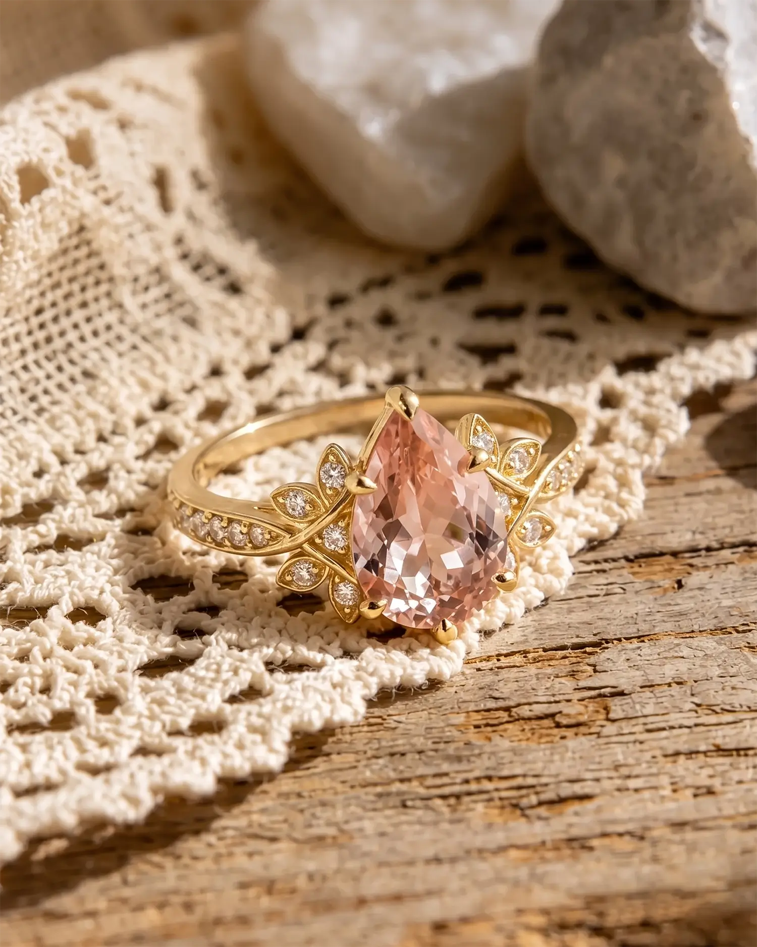 Romantic pear cut morganite floral ring styled in an elegant jewelry scene
