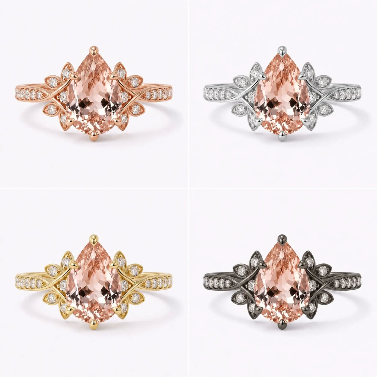 Pear cut morganite floral cluster ring shown in black gold, white gold, rose gold, and yellow gold
