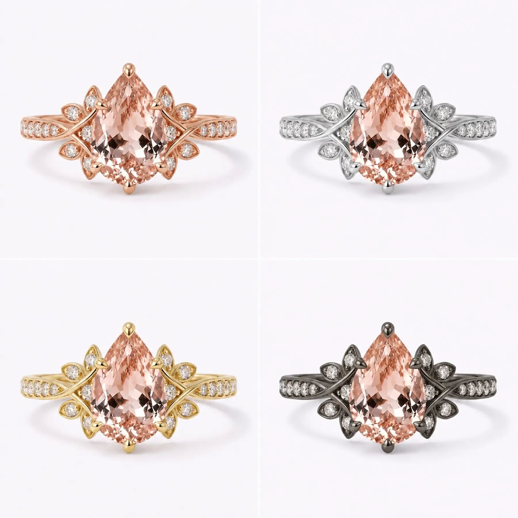 Pear cut morganite floral cluster ring shown in black gold, white gold, rose gold, and yellow gold
