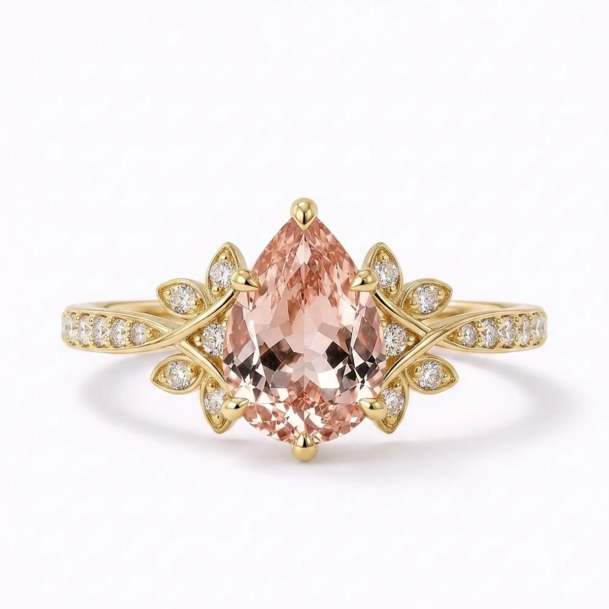 Pear cut morganite floral engagement ring with cluster accents in yellow gold