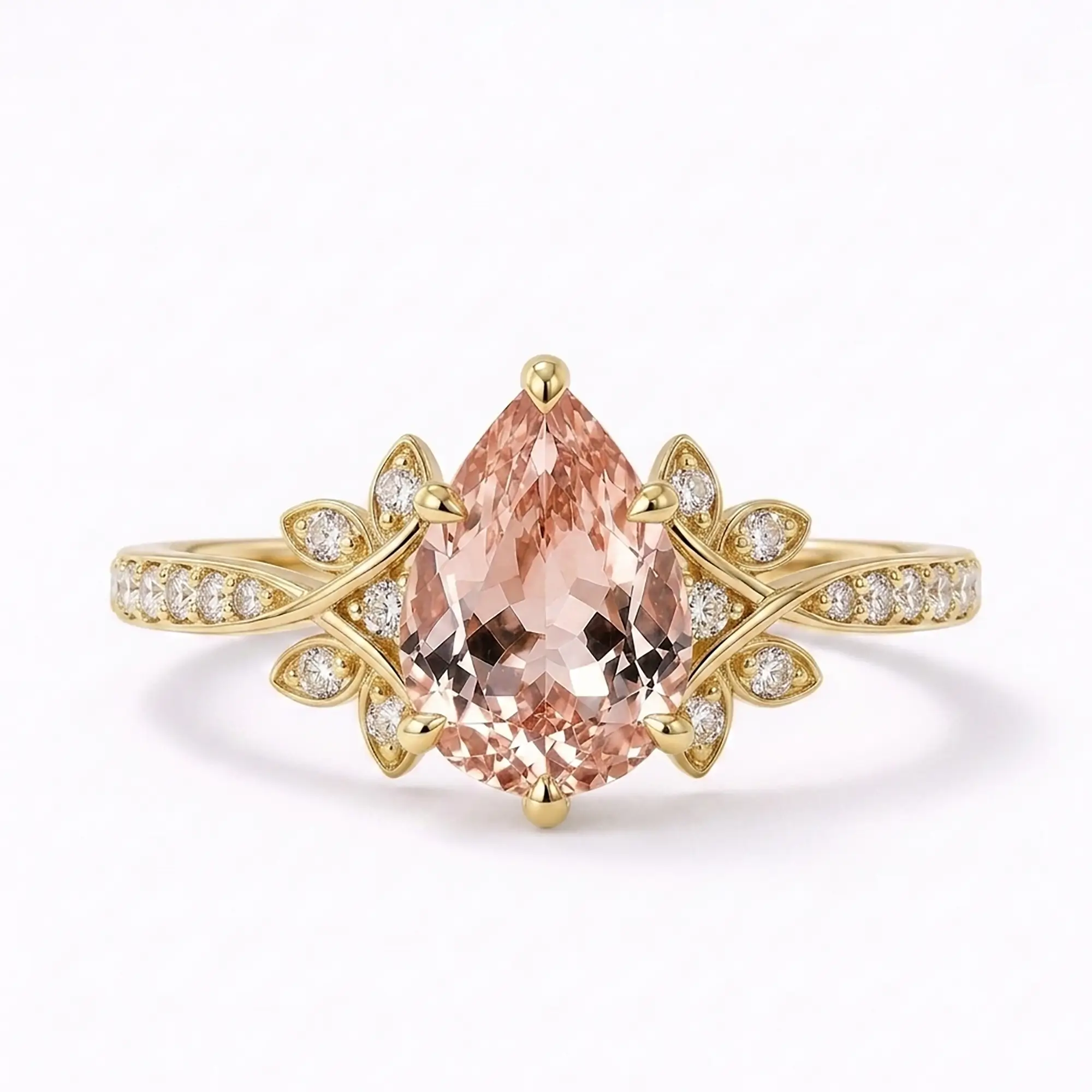 Pear cut morganite floral engagement ring with cluster accents in yellow gold