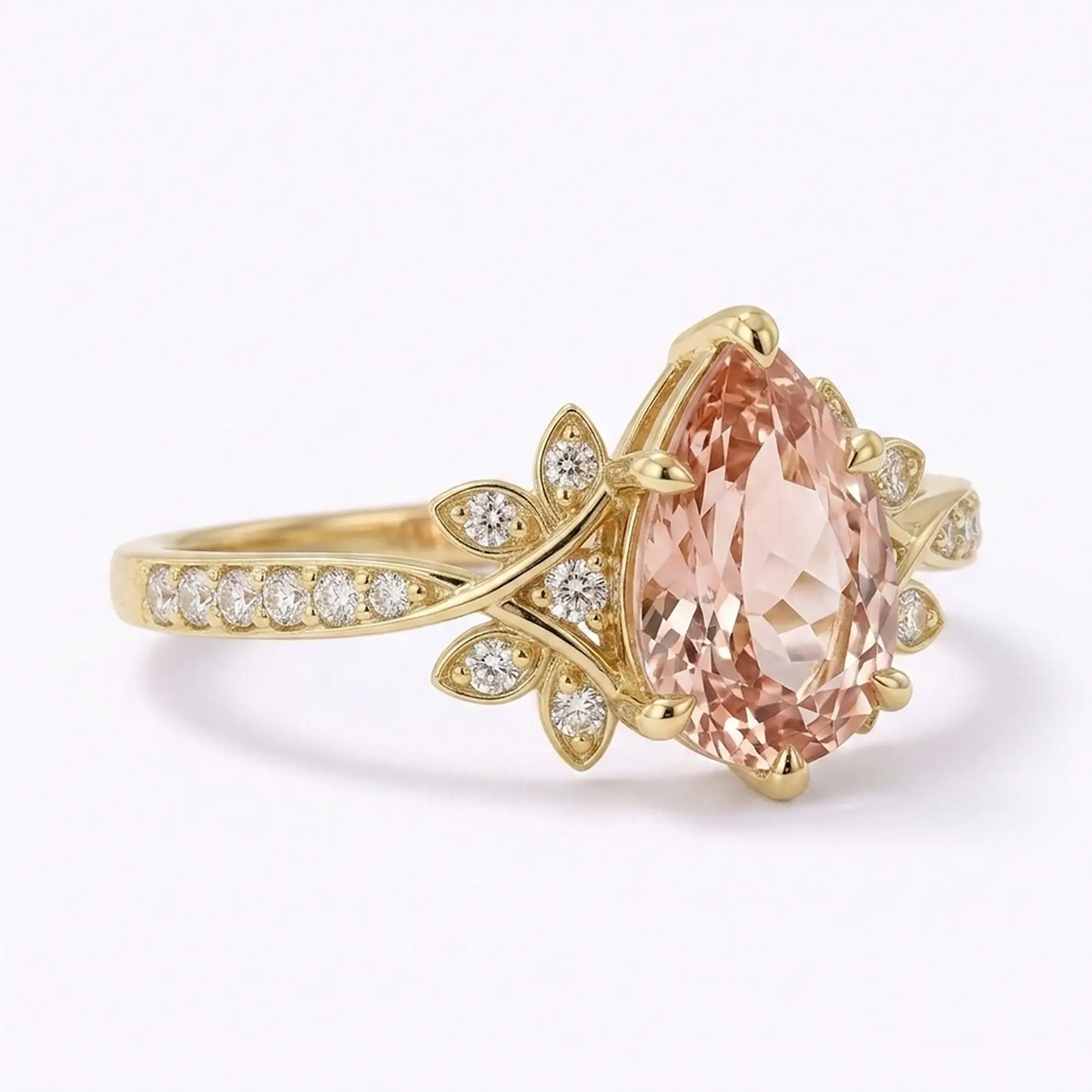 Side view of morganite floral engagement ring with pavé band and petal accents