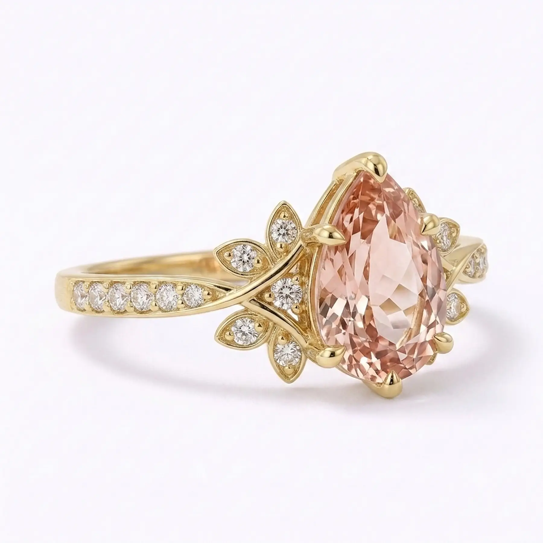 Side view of morganite floral engagement ring with pavé band and petal accents